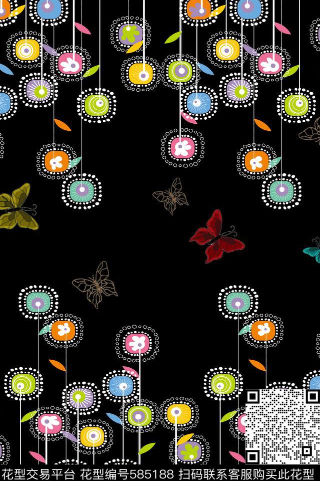 浪漫花卉蝴蝶小清新传统印花华亿平台下载（图片编号: 585188） - 瓦栏（Walan）