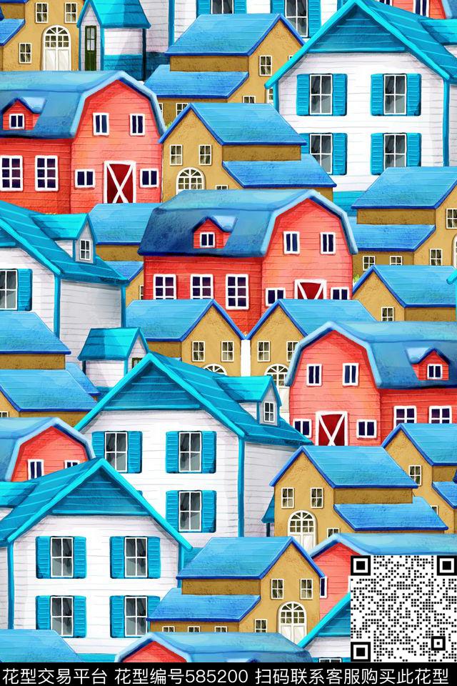 手绘房子数码印花华亿平台下载（图片编号: 585200） - 瓦栏（Walan）