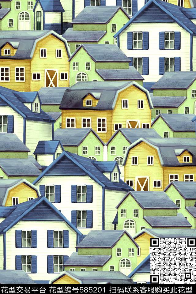 手绘房子数码印花华亿平台下载（图片编号: 585201） - 瓦栏（Walan）
