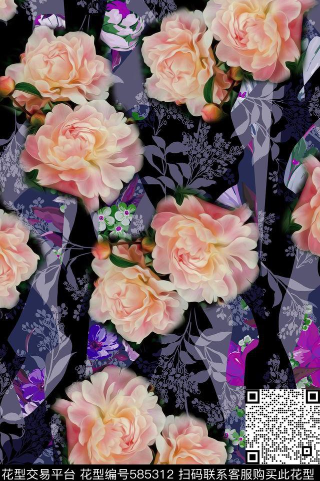 花卉拼接复古数码印花华亿平台下载（图片编号: 585312） - 瓦栏（Walan）