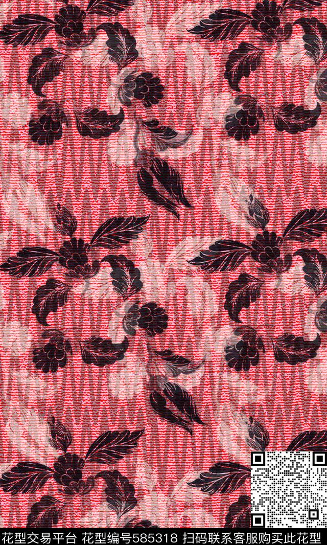 写意花卉条纹传统印花华亿平台下载（图片编号: 585318） - 瓦栏（Walan）