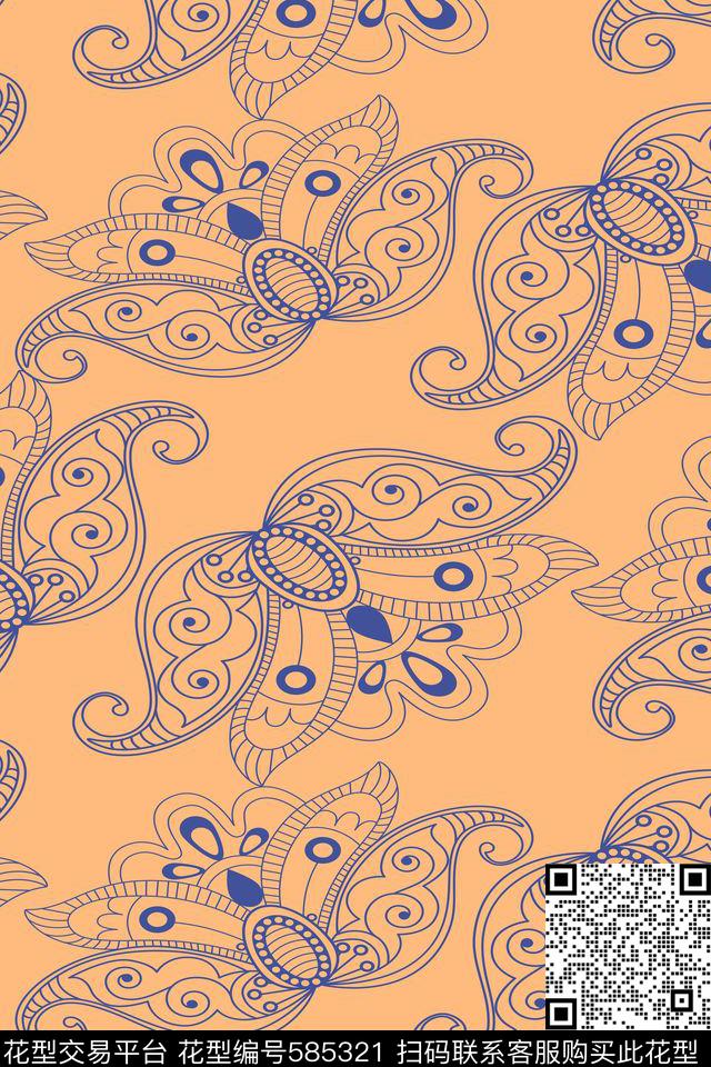 民族风蝴蝶花卉混合传统印花华亿平台下载（图片编号: 585321） - 瓦栏（Walan）