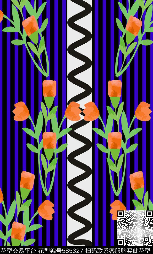 写意花卉花卉波浪线传统印花华亿平台下载（图片编号: 585327） - 瓦栏（Walan）