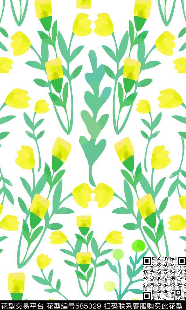 自然写意花卉水彩色彩传统印花华亿平台下载（图片编号: 585329） - 瓦栏（Walan）