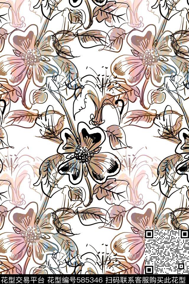 大花手绘随意传统印花华亿平台下载（图片编号: 585346） - 瓦栏（Walan）