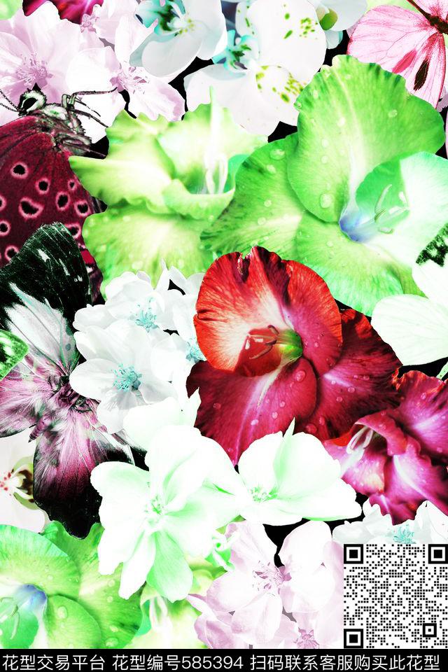甜美清新花卉蝴蝶花卉数码印花华亿平台下载（图片编号: 585394） - 瓦栏（Walan）