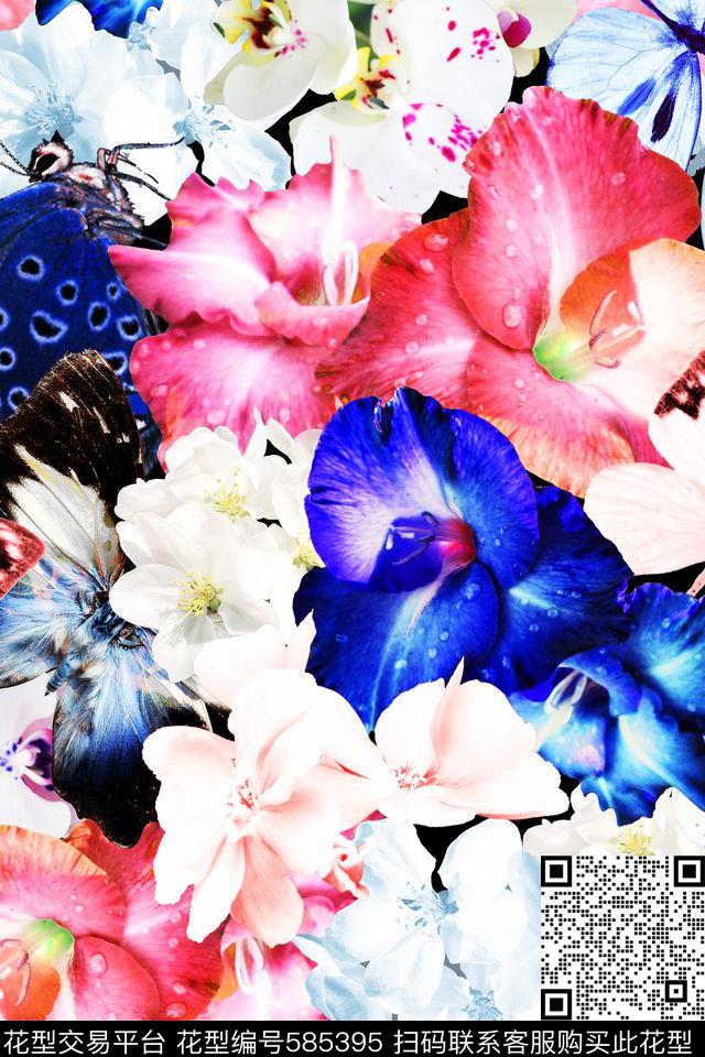 甜美清新花卉蝴蝶花卉数码印花华亿平台下载（图片编号: 585395） - 瓦栏（Walan）
