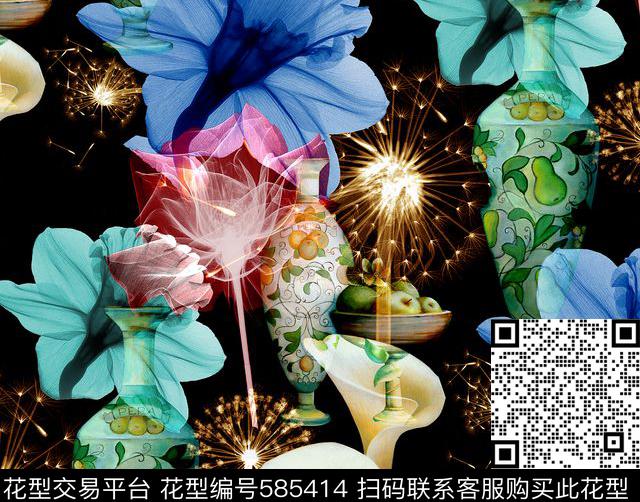 树叶肌理蒲公英花瓶数码印花华亿平台下载（图片编号: 585414） - 瓦栏（Walan）