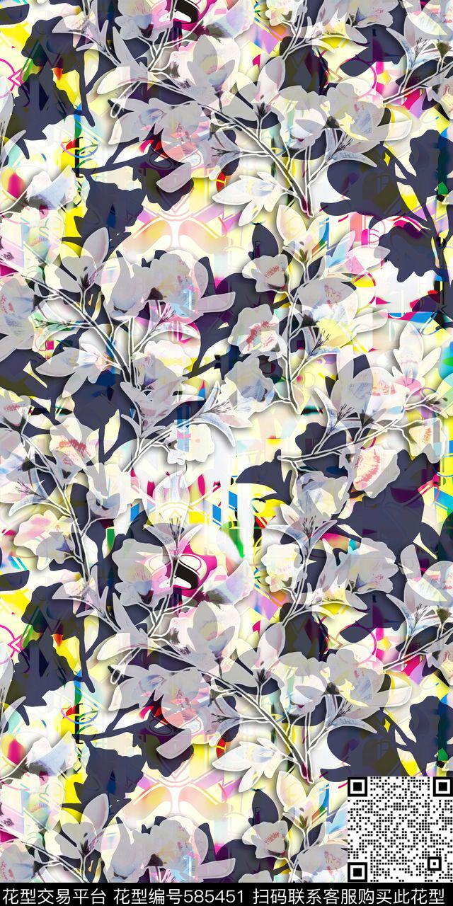 潮流时尚重影树枝叶子彩色底纹花草数码印花华亿平台下载（图片编号: 585451） - 瓦栏（Walan）