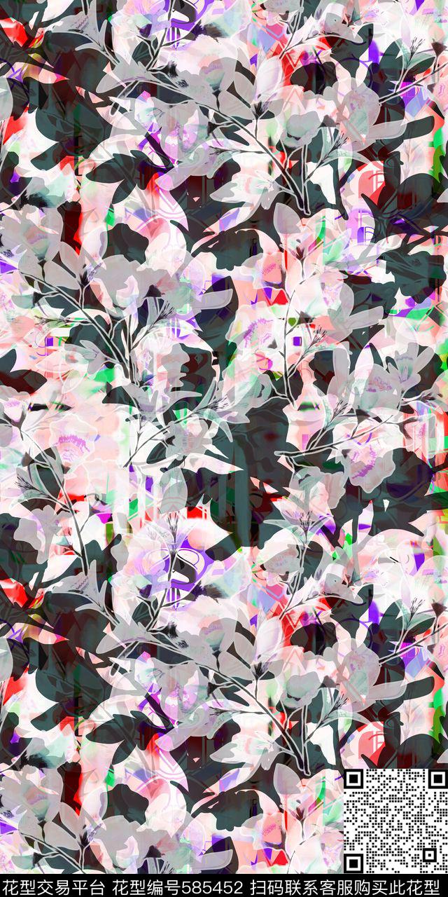 潮流时尚重影树枝叶子彩色底纹花草数码印花华亿平台下载（图片编号: 585452） - 瓦栏（Walan）