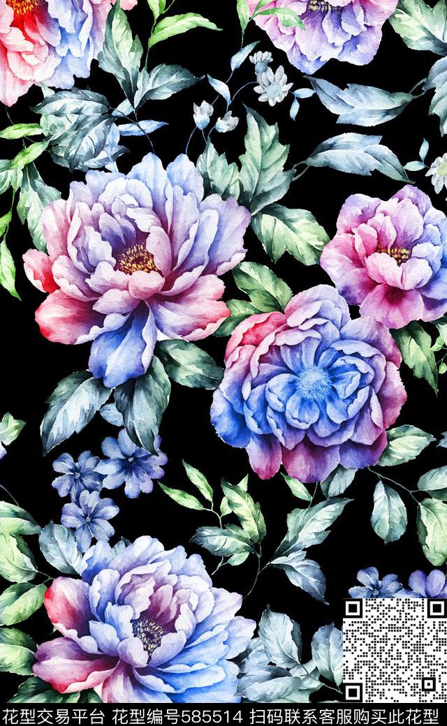 青花瓷大花潮流大牌时尚花卉数码印花数码印花华亿平台下载（图片编号: 585514） - 瓦栏（Walan）