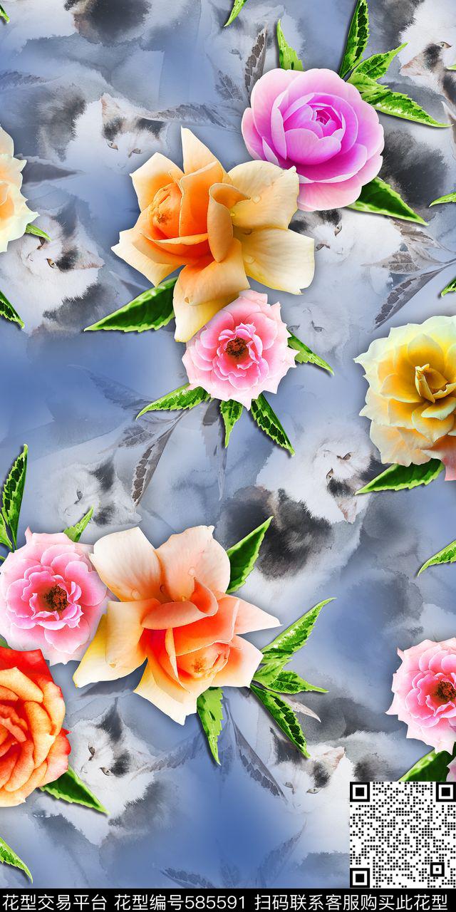 满版花卉猫数码印花华亿平台下载（图片编号: 585591） - 瓦栏（Walan）