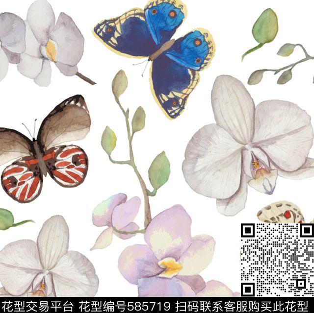 休闲风植物花卉蝴蝶传统印花华亿平台下载（图片编号: 585719） - 瓦栏（Walan）