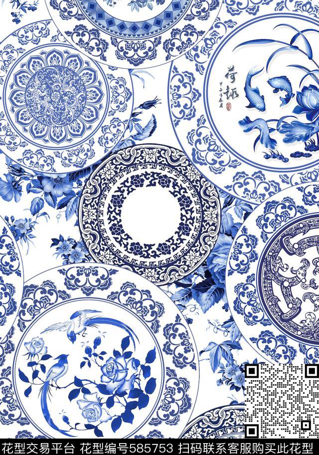 民族风青瓷花卉数码印花华亿平台下载（图片编号: 585753） - 瓦栏（Walan）
