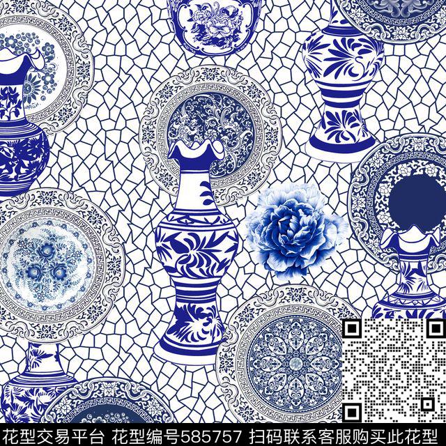 民族风青瓷花卉数码印花华亿平台下载（图片编号: 585757） - 瓦栏（Walan）