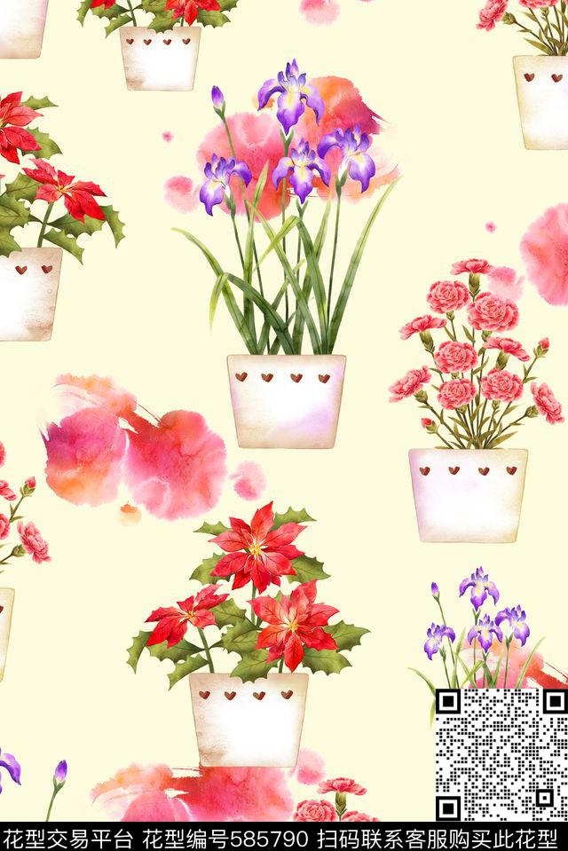 泼墨盆栽花卉数码印花华亿平台下载（图片编号: 585790） - 瓦栏（Walan）