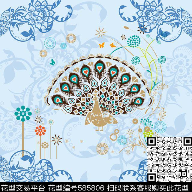 中国风孔雀青花瓷图案方巾数码印花华亿平台下载（图片编号: 585806） - 瓦栏（Walan）