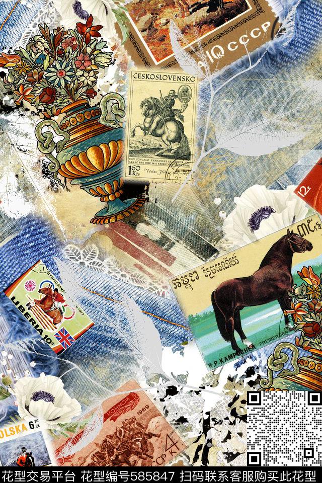 复古牛仔布纹理邮戳数码印花华亿平台下载（图片编号: 585847） - 瓦栏（Walan）