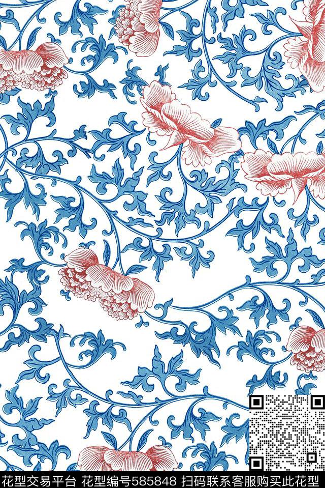 中国风青花梵尔花卉传统印花华亿平台下载（图片编号: 585848） - 瓦栏（Walan）