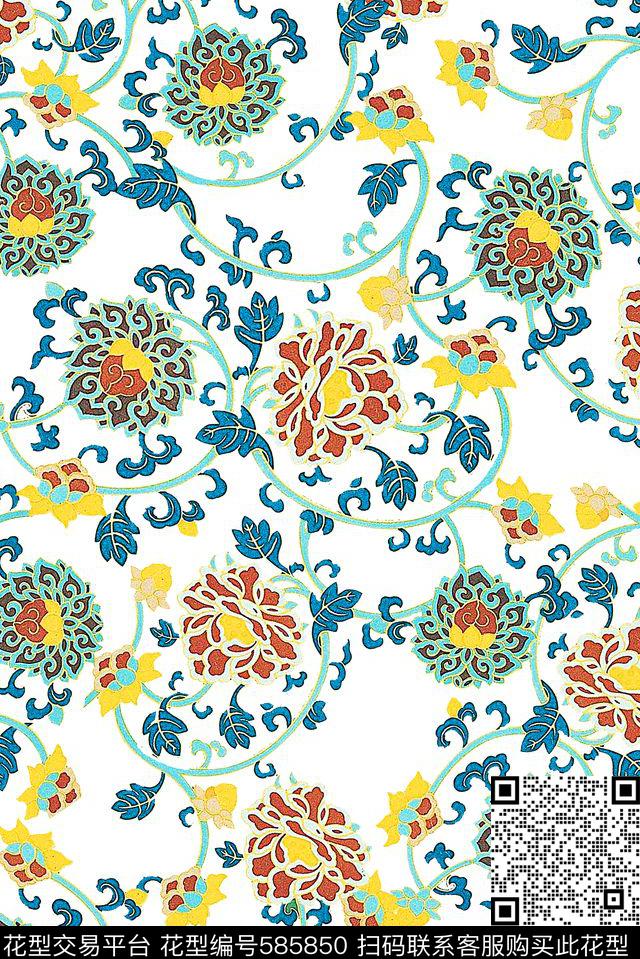 中国风青花梵尔花卉传统印花华亿平台下载（图片编号: 585850） - 瓦栏（Walan）