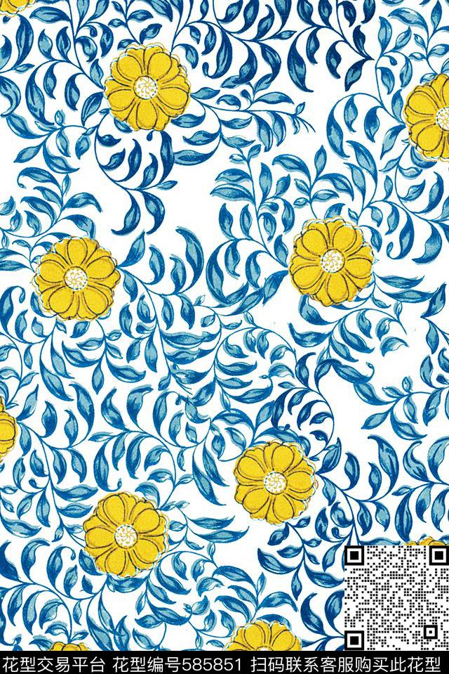 中国风青花梵尔花卉传统印花华亿平台下载（图片编号: 585851） - 瓦栏（Walan）