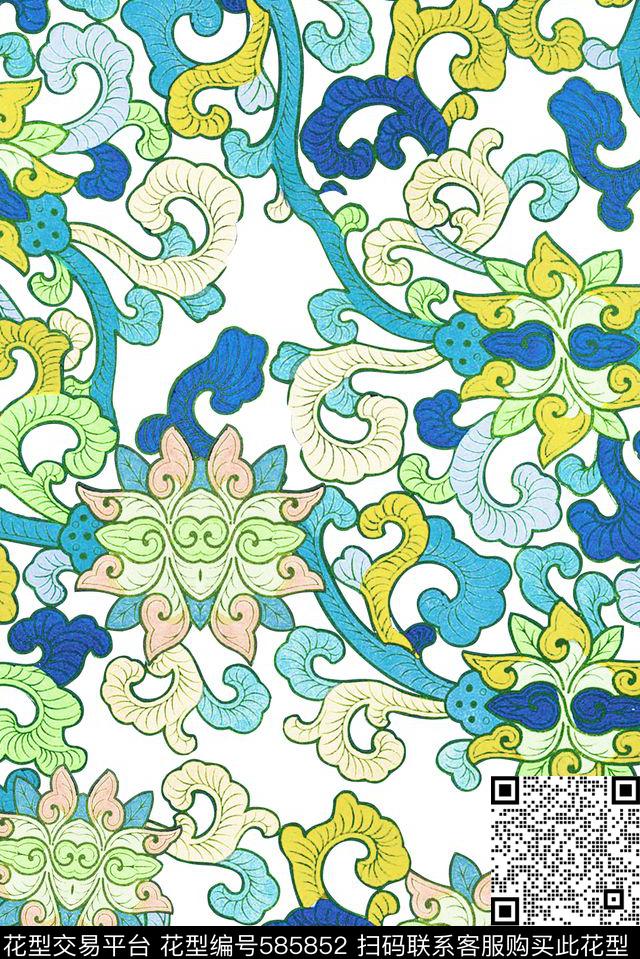 中国风青花梵尔花卉传统印花华亿平台下载（图片编号: 585852） - 瓦栏（Walan）