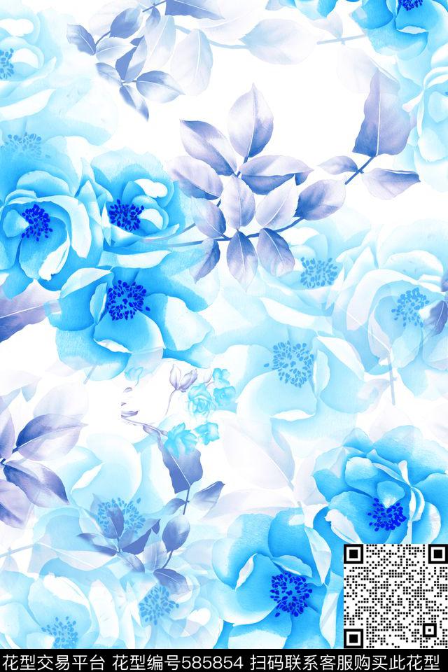 中国风青花梵尔花卉数码印花华亿平台下载（图片编号: 585854） - 瓦栏（Walan）
