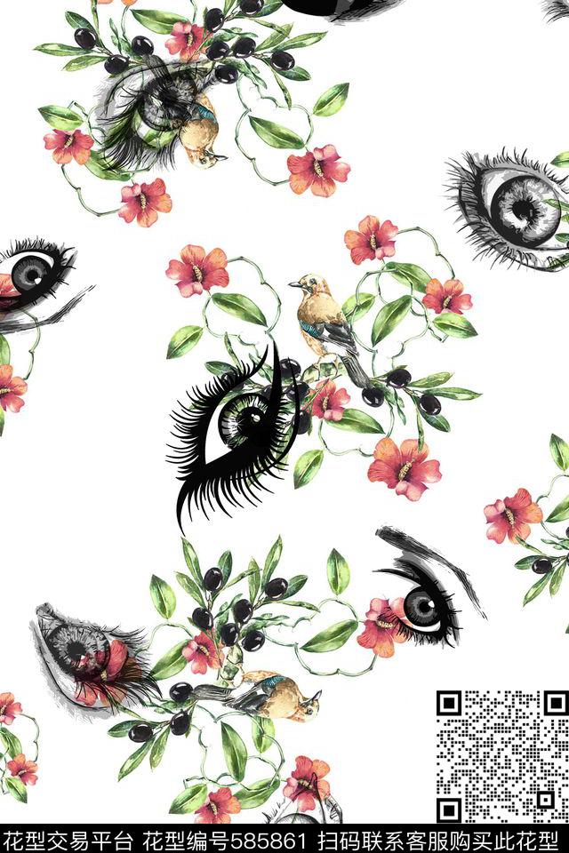 休闲服花卉鸟线条眼睛数码印花华亿平台下载（图片编号: 585861） - 瓦栏（Walan）
