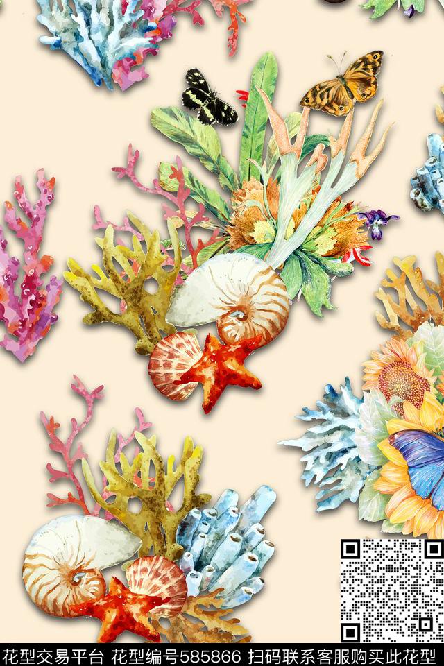 时尚珊瑚贝壳数码印花华亿平台下载（图片编号: 585866） - 瓦栏（Walan）