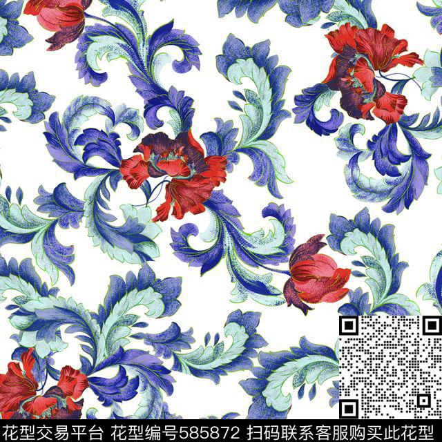 卷草纹青花瓷民族风传统印花华亿平台下载（图片编号: 585872） - 瓦栏（Walan）