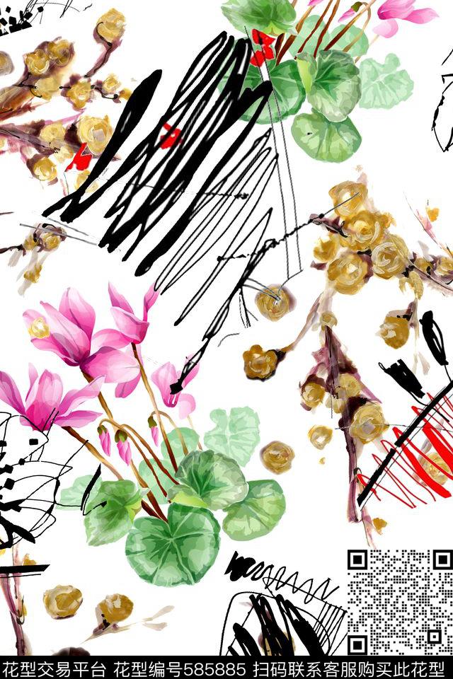 休闲风几何线条花卉数码印花华亿平台下载（图片编号: 585885） - 瓦栏（Walan）