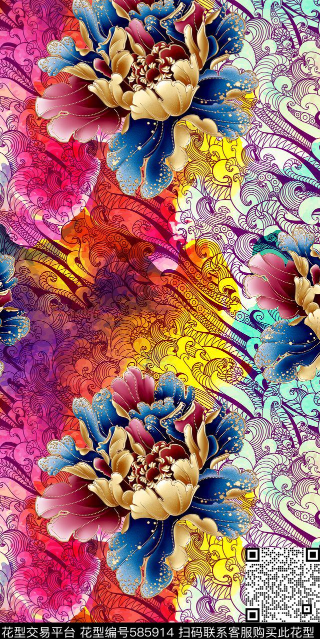 古典牡丹水墨数码印花华亿平台下载（图片编号: 585914） - 瓦栏（Walan）