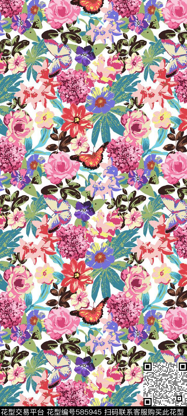 花卉蝴蝶水彩花卉传统印花华亿平台下载（图片编号: 585945） - 瓦栏（Walan）