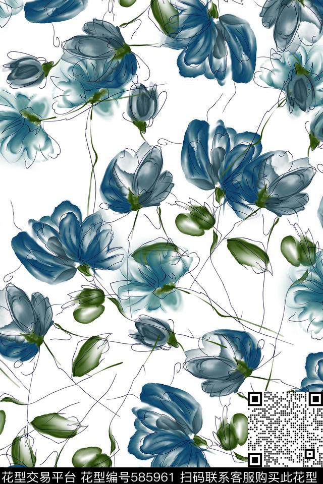 手绘水彩花卉家纺传统印花华亿平台下载（图片编号: 585961） - 瓦栏（Walan）