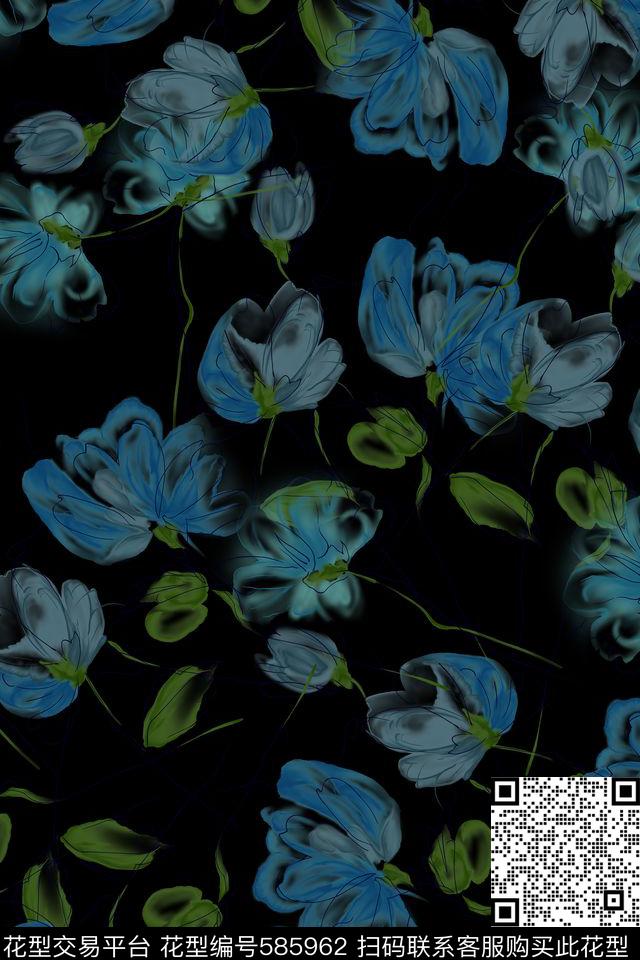 手绘花卉YY-水彩油画传统印花华亿平台下载（图片编号: 585962） - 瓦栏（Walan）