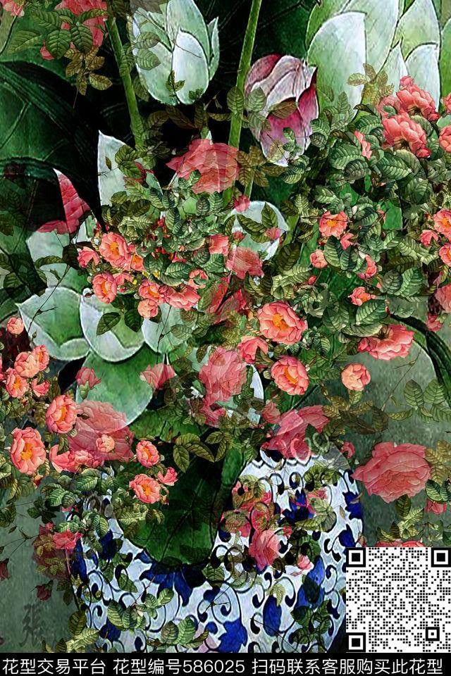 中国风玫瑰乱花数码印花华亿平台下载（图片编号: 586025） - 瓦栏（Walan）