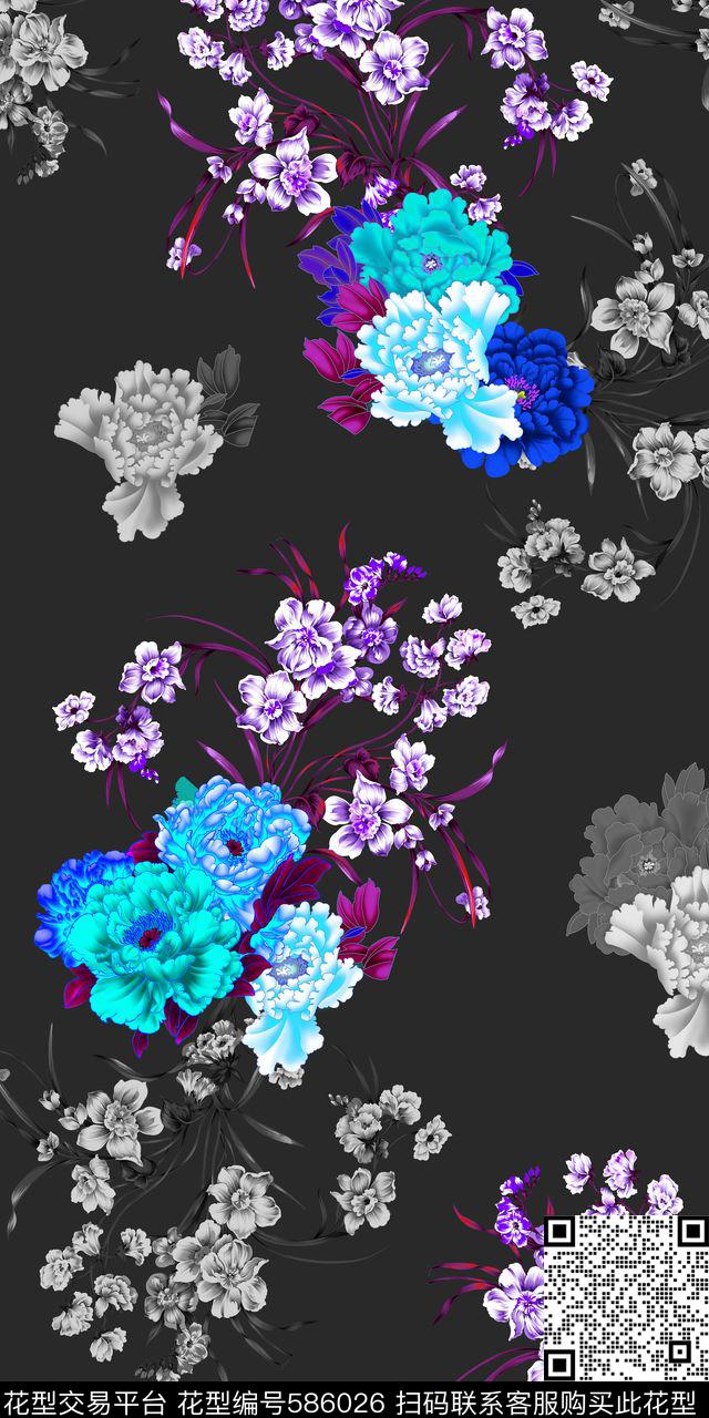 黑底花卉个性数码印花华亿平台下载（图片编号: 586026） - 瓦栏（Walan）