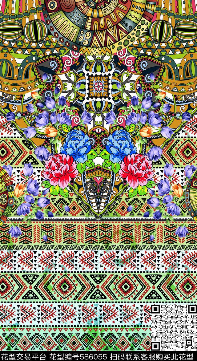 民族风花卉条纹数码印花华亿平台下载（图片编号: 586055） - 瓦栏（Walan）