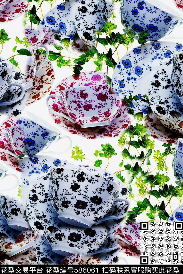 时尚大牌欧美风格青花瓷杯子小碎花数码印花华亿平台下载（图片编号: 586061） - 瓦栏（Walan）