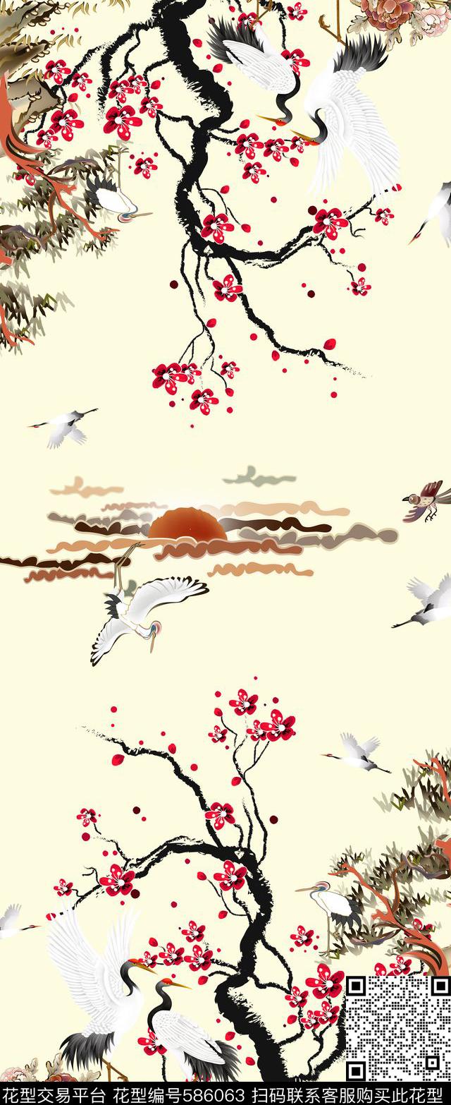 方巾中国风复古仙鹤梅花定位图古典中国风数码印花华亿平台下载（图片编号: 586063） - 瓦栏（Walan）