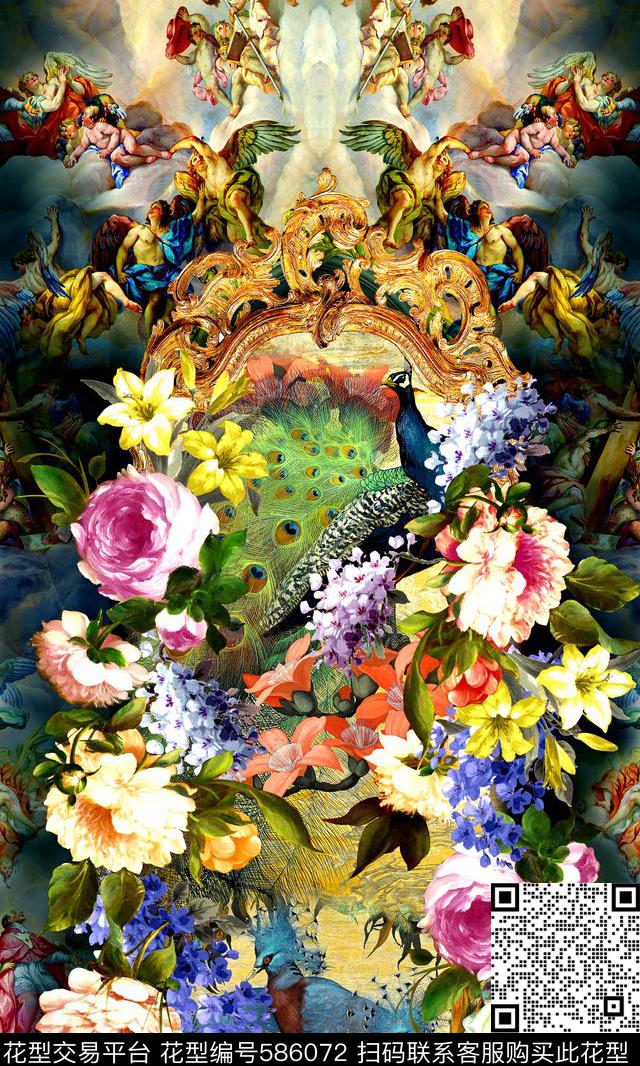 时尚孔雀花卉数码印花华亿平台下载（图片编号: 586072） - 瓦栏（Walan）