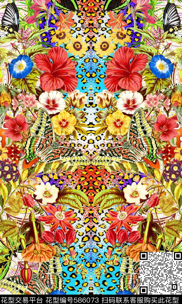 时尚蝴蝶花卉数码印花华亿平台下载（图片编号: 586073） - 瓦栏（Walan）