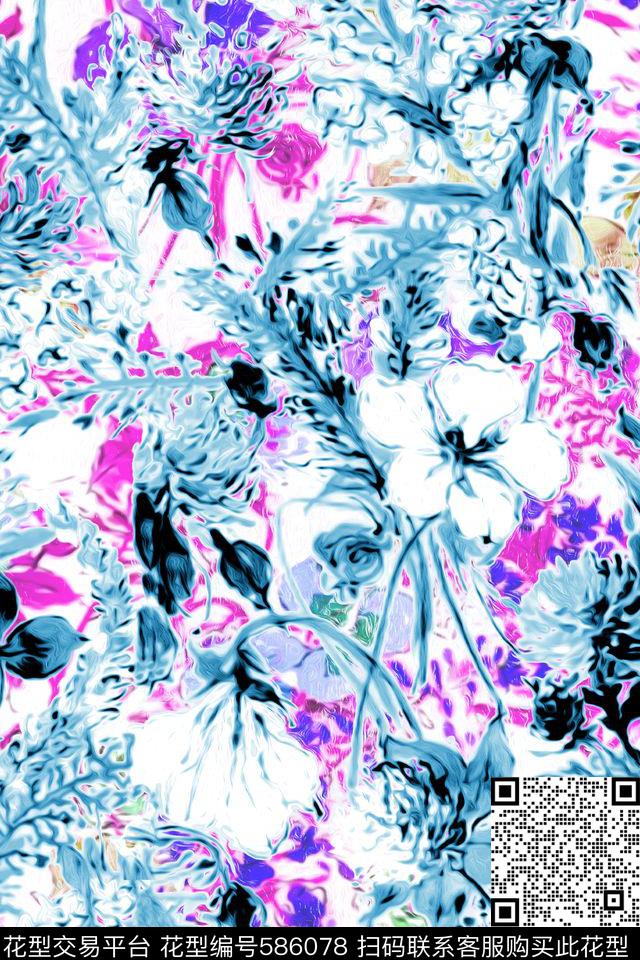 抽象花卉水彩数码印花华亿平台下载（图片编号: 586078） - 瓦栏（Walan）