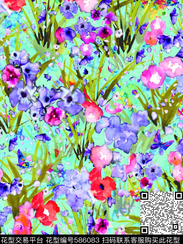 流行时尚花卉蝴蝶数码印花华亿平台下载（图片编号: 586083） - 瓦栏（Walan）
