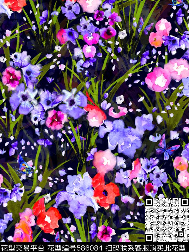 流行时尚花卉蝴蝶数码印花华亿平台下载（图片编号: 586084） - 瓦栏（Walan）
