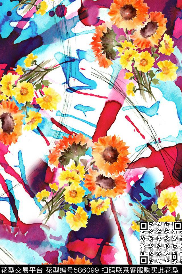 水彩泼墨花卉数码印花华亿平台下载（图片编号: 586099） - 瓦栏（Walan）