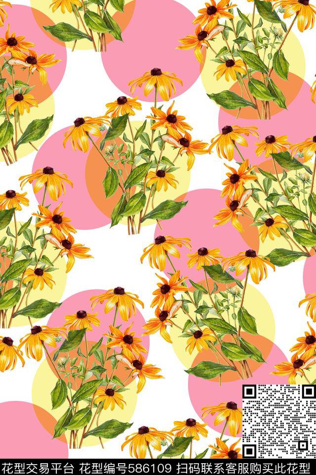 手绘向日葵花卉数码印花华亿平台下载（图片编号: 586109） - 瓦栏（Walan）