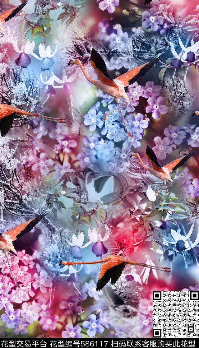 花卉、风景、火烈鸟数码印花华亿平台下载（图片编号: 586117） - 瓦栏（Walan）