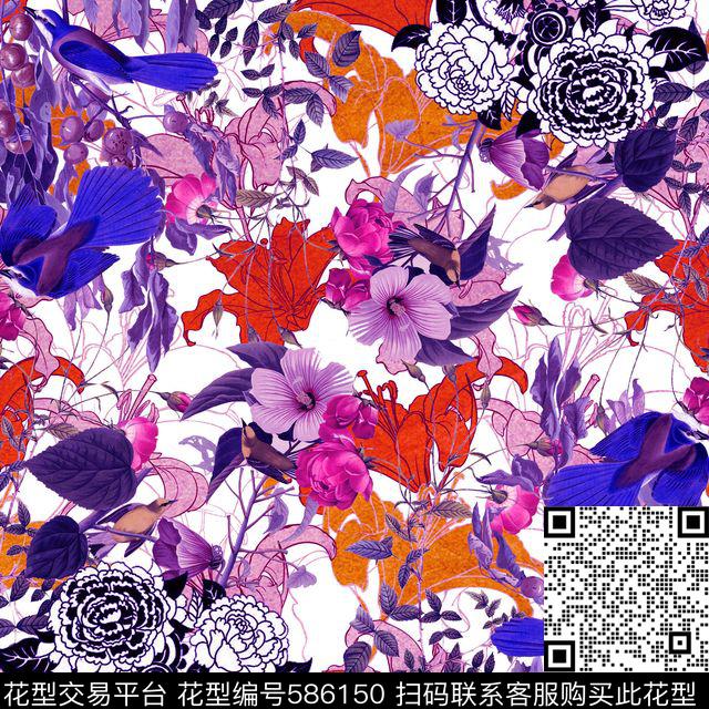 小清新花鸟热带树林数码印花华亿平台下载（图片编号: 586150） - 瓦栏（Walan）