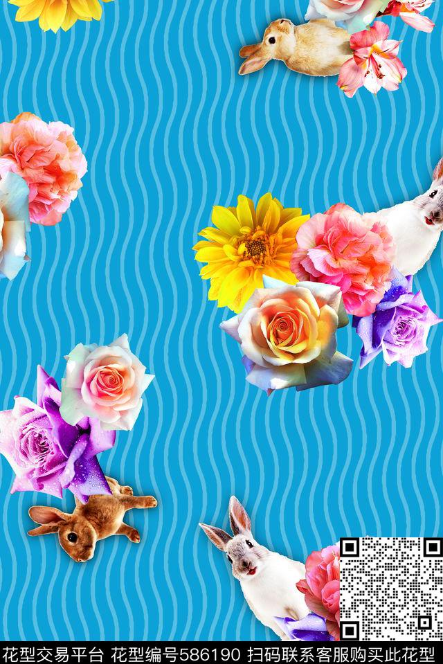 满版花卉兔子数码印花华亿平台下载（图片编号: 586190） - 瓦栏（Walan）